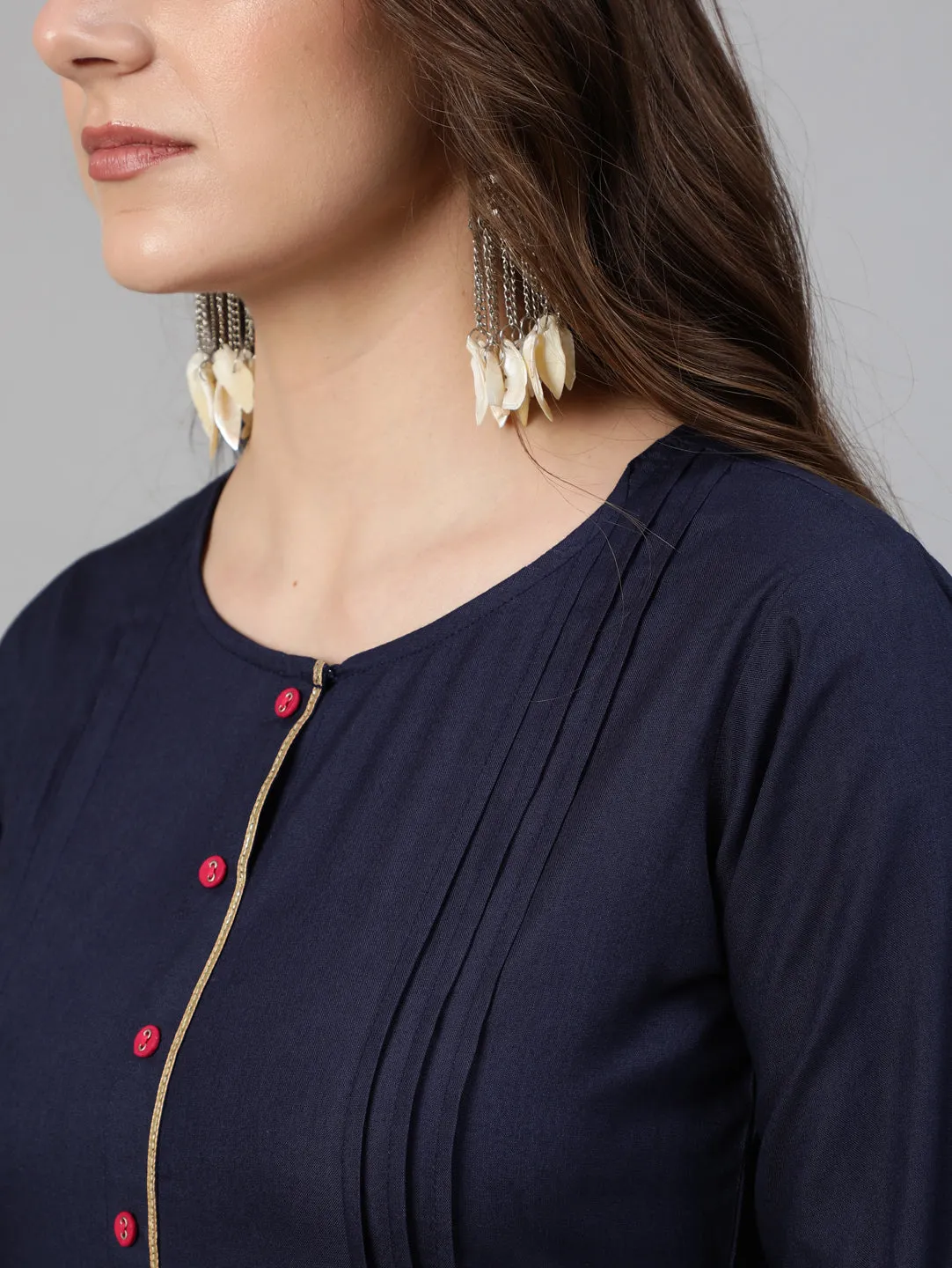 Women Navy Blue Solid Gathered Kurta With Palazzo And Sequance  Dupatta