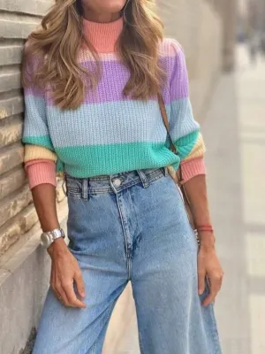 Women's Sweaters Turtleneck Multicolor Striped Long Sleeve Sweater